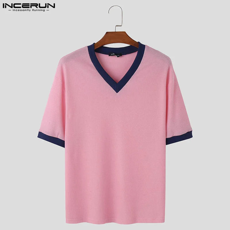 INCERUN Tops 2024 Korean Style Men's V-neck Design T-shirt Casual Streetwear Texture Splicing Color Short Sleeved Camiseta S-5XL