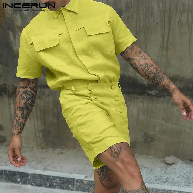 INCERUN 2024 American Style Fashion Sets Men Short Sleeved Shirt Solid High Waisted Shorts Casual Streetwear Two-piece Set S-5XL