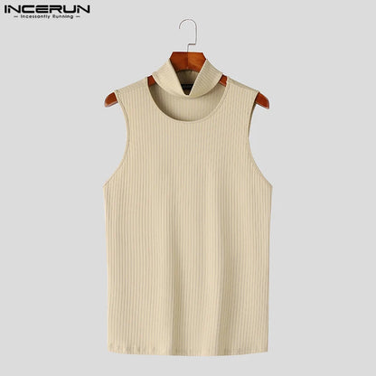 Fashion Casual Style Tops INCERUN New Men Knitted Semi High Neck Vests Summer Male Streetwear Elastic Sleeveless Tank Tops S-5XL