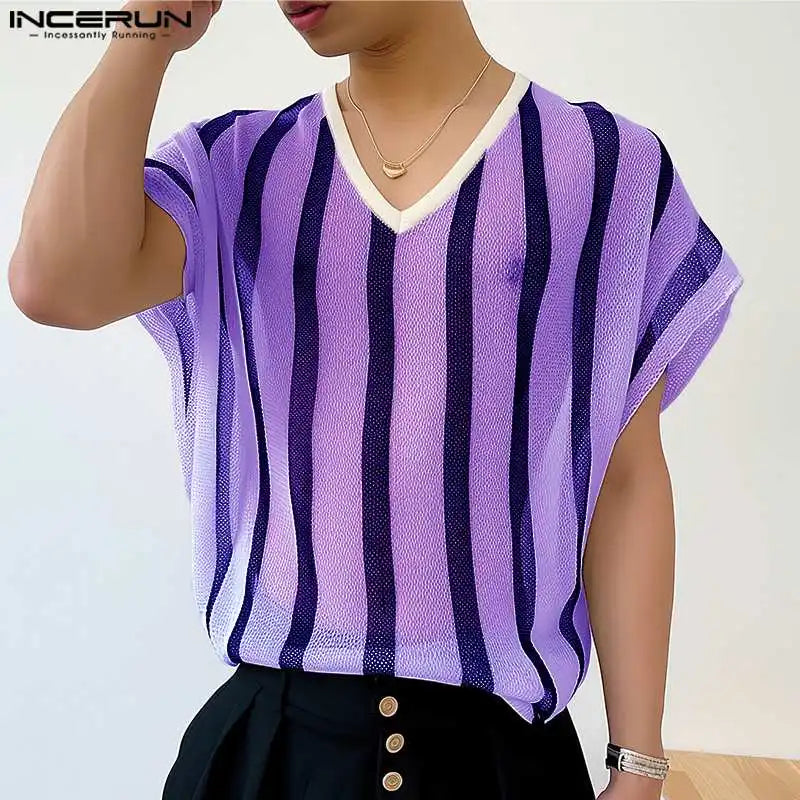 Fashion Casual Style Tops INCERUN New Mens Large Stripe T-shirts Streetwear Male Personality V-neck Short Sleeved Camiseta S-5XL