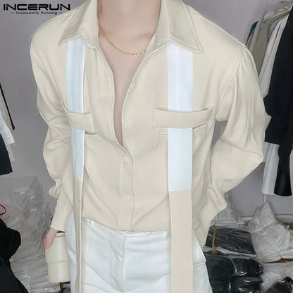 INCERUN Men's Casual Shirt Patchwork Lapel Long Sleeve Button Men Clothing 2024 Korean Style Streetwear Fashion Shirts S-5XL