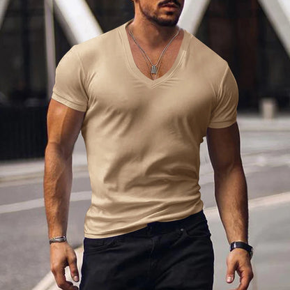 2023 men's T-shirt cross-border clothing European and American foreign trade men's V-neck solid color casual short sleeved T-shi