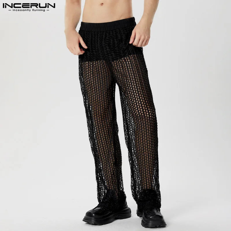 INCERUN 2024 American Style Trousers Sexy Men's Thin Hollow Mesh Design Long Pants Casual Party Show Hot Selling Pantalons S-5XL