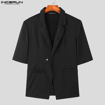 INCERUN Tops 2023 Korean Style Men's Silhouette Shoulder Pads Solid Blazer Casual Party Male All-match Short Sleeved Suit S-5XL