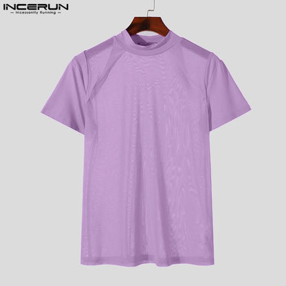 INCERUN Men's T Shirt Turtleneck Short Sleeve Mesh Patchwork Transparent Tee Tops Streetwear Summer 2024 Fashion Men Clothing