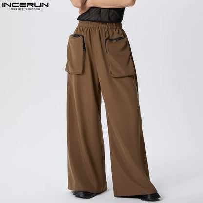 INCERUN 2024 American Style Pantalons Stylish Mens Double Pocket Loose Wide Leg Pant Male Streetwear Casual Solid Trousers S-5XL