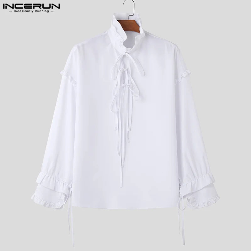 Stylish Well Fitting Tops INCERUN Men Solid Double-layer Cuffs Lace Up Shirt Handsome Male V-neck Long Sleeved Blouse S-5XL 2024