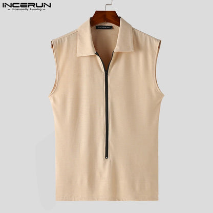 Fashion Well Fitting Tops INCERUN Men's Zipper Design T-shirts Casual Streetwear Male Solid Lapel Sleeveless Camiseta S-5XL 2024