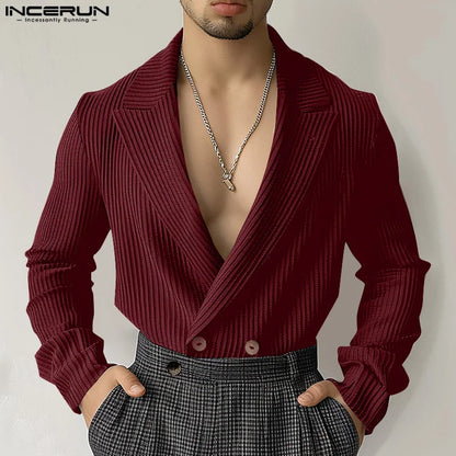 Fashion Well Fitting Tops INCERUN New Men Deep V-neck Striped Design Suit Coats Casual Male Solid Long Sleeved Blazer S-5XL 2024