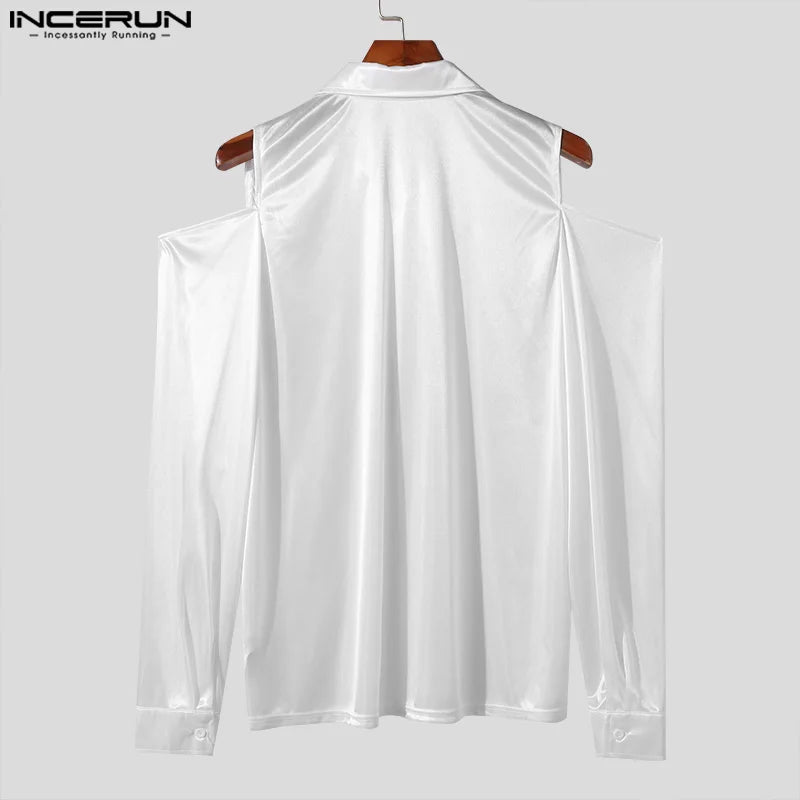 INCERUN Tops 2024 Stylish New Men Solid Fine Stripe Off Shoulder Shirt Casual Clubwear All-match Lapel Long Sleeved Blouse S-5XL