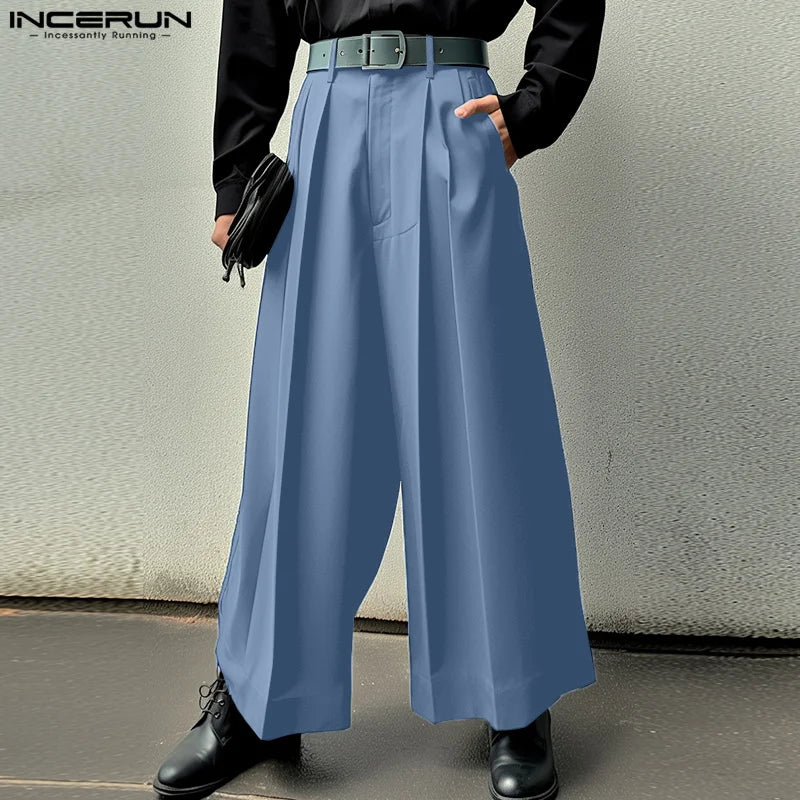 INCERUN 2024 Korean Style New Men Trousers Solid High Waisted Straight Leg Pantalons Casual Well Fitting Male Simple Pants S-5XL