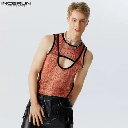 Stylish Casual Style Tops INCERUN New Men's Pattern Hollowed Out Fake Two-piece Vests Handsome Male Printed Waistcoat S-5XL 2024