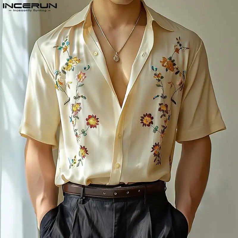 INCERUN Tops 2024 Korean Style Stylish Men's Personality Printed Floral Shirt Summer Streetwear Short Sleeved Lapel Blouse S-5XL