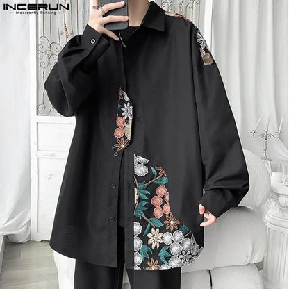 Fashion Casual Style Tops INCERUN 2024 Men Irregular Patchwork Lace Jacquard Shirt Handsome Male Long Sleeved Lapel Blouse S-5XL