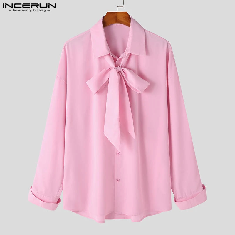 INCERUN Tops 2023 American Style New Men's Fashion Ribbon Design Shirts Casual Street Solid All-match Loose Sleeved Blouse S-5XL