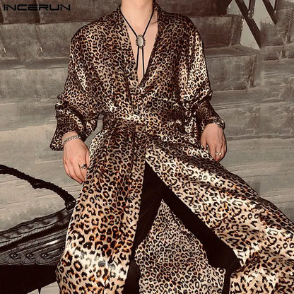 INCERUN Tops 2024 Sexy Men's Long Knee Length Shirts Casual Leopard Print Satin Strap Design Long Sleeved Cardigan Blouse S-5XL