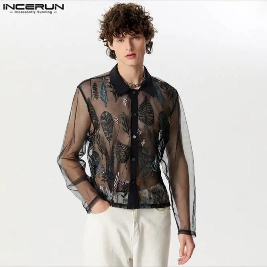 INCERUN Tops 2024 American Style Sexy New Men's Jacquard Perspective Design Shirts Casual Fashion Thin Long Sleeved Blouse S-5XL