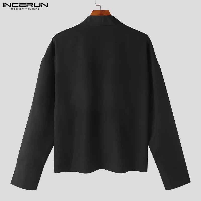 Hauts de style décontracté élégant INCERUN Chemises unies simples et polyvalentes pour hommes Beau chemisier cardigan à manches longues sans col pour hommes S-5XL