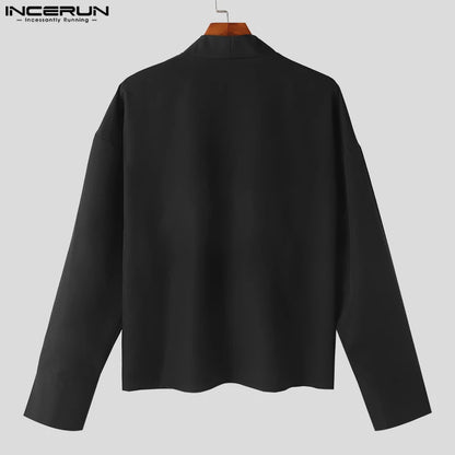 Stylish Casual Style Tops INCERUN Mens Simple All-match Solid Shirts Handsome Male Collarless Long Sleeved Cardigan Blouse S-5XL