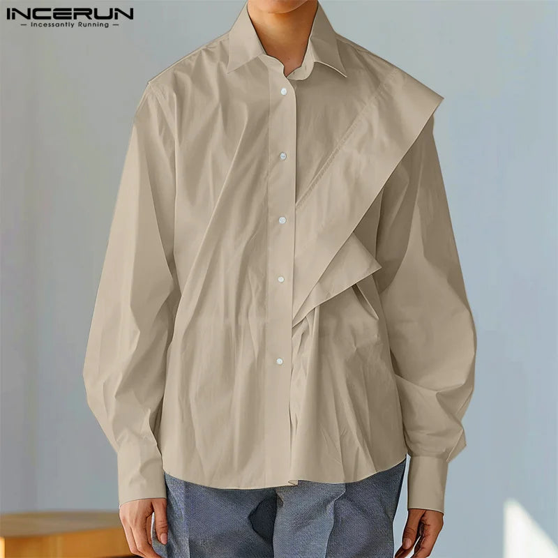 Handsome Well Fitting Tops INCERUN Men Fashion Loose Sloping Design Shirt Casual Streetwear Solid Long Sleeved Blouse S-5XL 2024