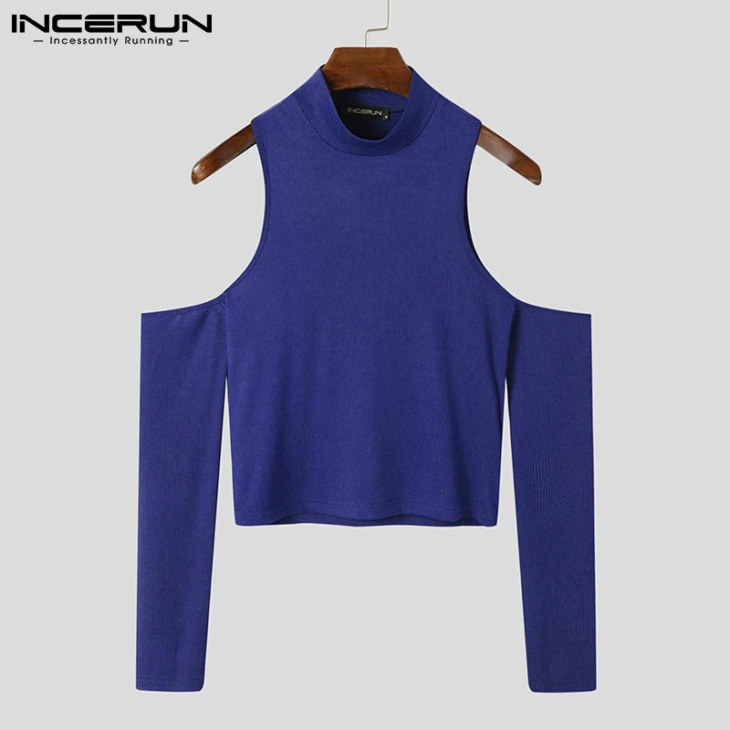 INCERUN Men T Shirt Solid Color Turtleneck Long Sleeve Off Shoulder Casual Camisetas 2023 Hollow Out Streetwear Sexy Crop Tops