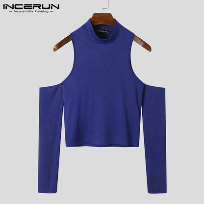 INCERUN Hommes T-shirt Couleur Unie Col Roulé À Manches Longues Épaule Dénudée Décontracté Camisetas 2023 Évider Streetwear Sexy Crop Tops