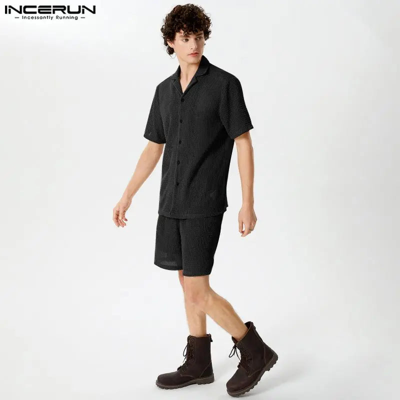 INCERUN 2024 American Style Sets Men's Casual Short Sleeved Shirts Shorts Stylish Male See-through Stripes Two-piece Sets S-5XL