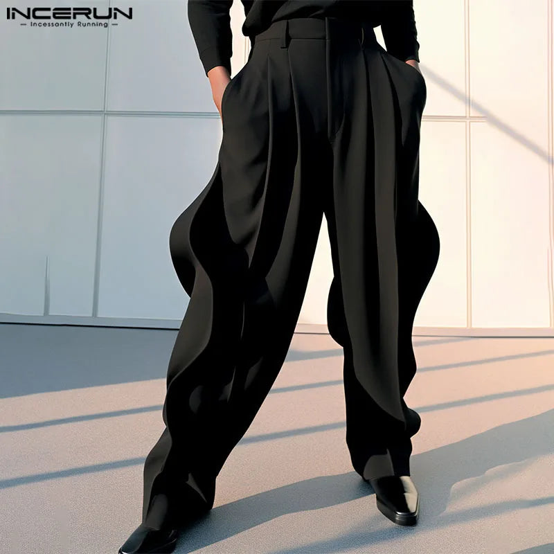 INCERUN 2024 American Style Pantalons Stylish New Men Irregular Silhouette Pants Casual Party Show Solid Wide-leg Trousers S-5XL