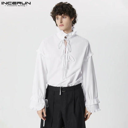 Stylish Well Fitting Tops INCERUN Men Solid Double-layer Cuffs Lace Up Shirt Handsome Male V-neck Long Sleeved Blouse S-5XL 2024