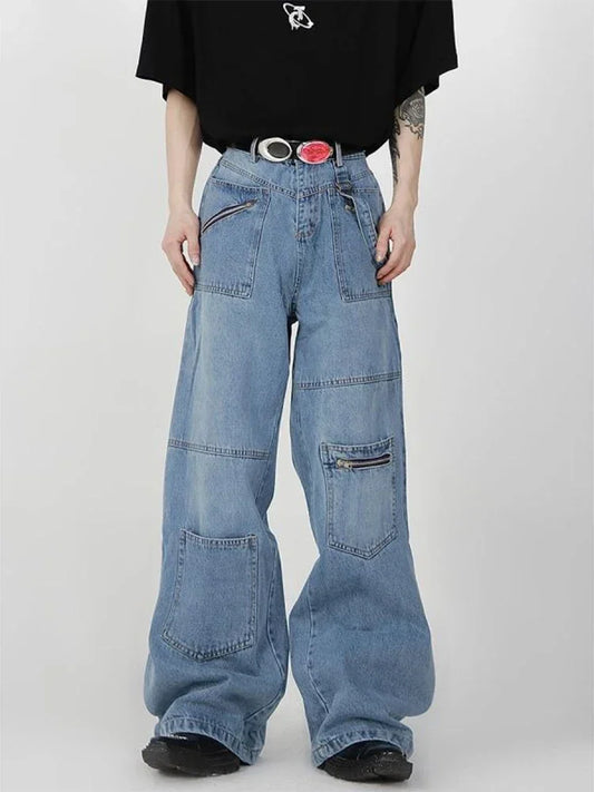 HOUZHOU Baggy Cargo Jeans Men Denim Wide Leg Trousers Male Oversize Casual Streetwear Hip Hop Pocket Zipper Safari Style