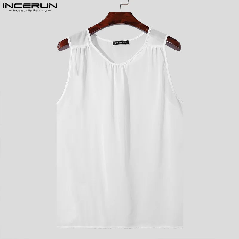 INCERUN Tops 2024 Korean Style Stylish Men's Simple Perspective Vests Leisure Streetwear Male O-neck Sleeveless Tank Tops S-5XL