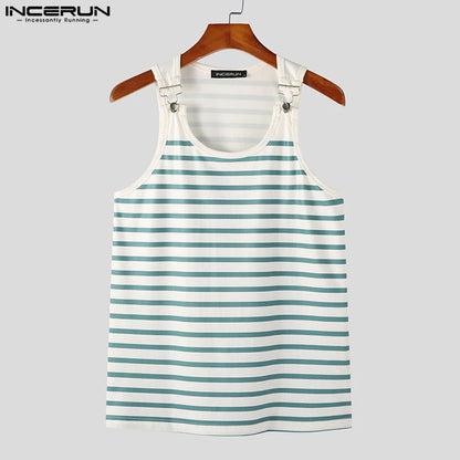 2023 Fashion Men Tank Tops Striped O-neck Sleeveless Button Streetwear Vests Fitness Summer Casual Men Clothing S-5XL INCERUN