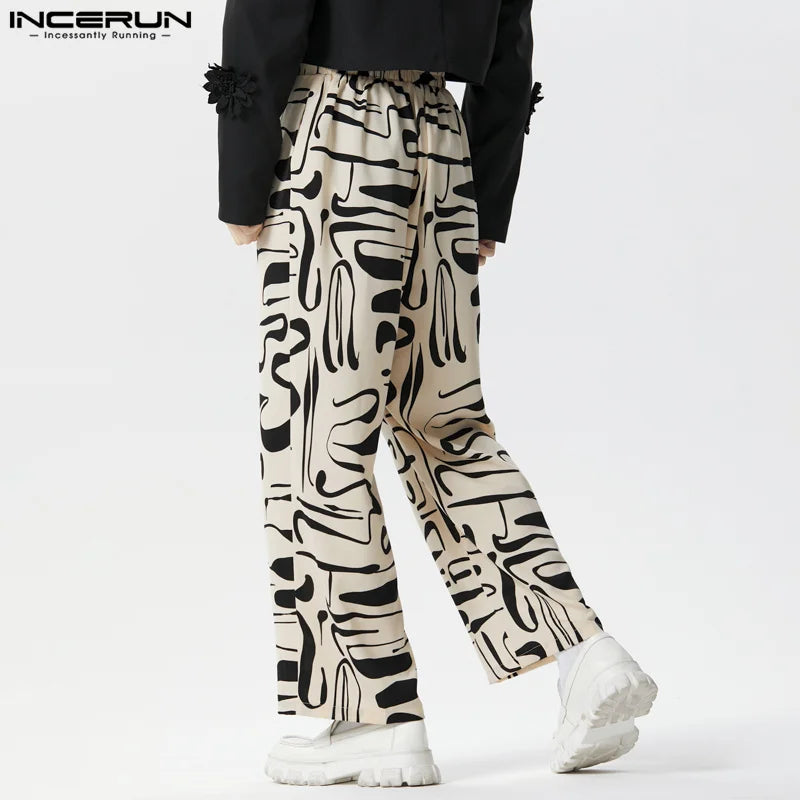 INCERUN 2024 American Style New Men's Trousers Printing Pattern All-match Pantalons Casual Streetwear Wide Leg Long Pants S-5XL