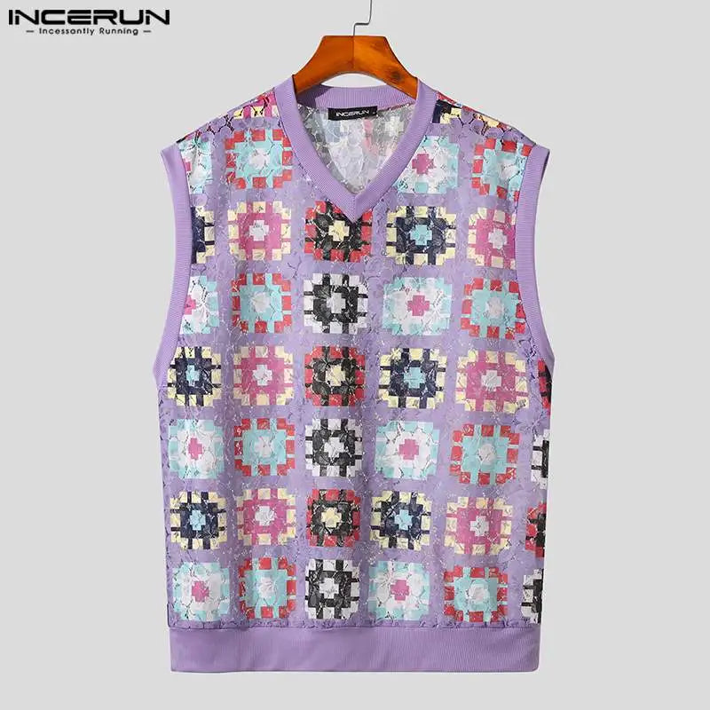 INCERUN 2023 Men Tank Tops Lace V Neck Sleeveless Printing See Through Summer Sexy Vests Streetwear Vacation Casual Men Clothing