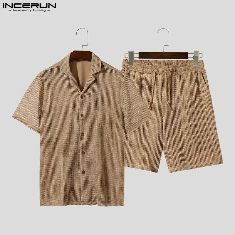 INCERUN 2024 American Style Sets Men's Casual Short Sleeved Shirts Shorts Stylish Male See-through Stripes Two-piece Sets S-5XL