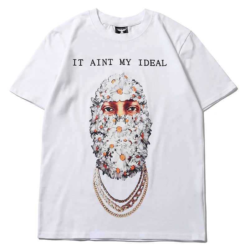 Hip Hop Blumenmaske Männer Briefdruck Lässige Kurzarm Herren T-Shirts Rundhals Übergroße Baumwolle Streetwear Lose Top T-Shirts