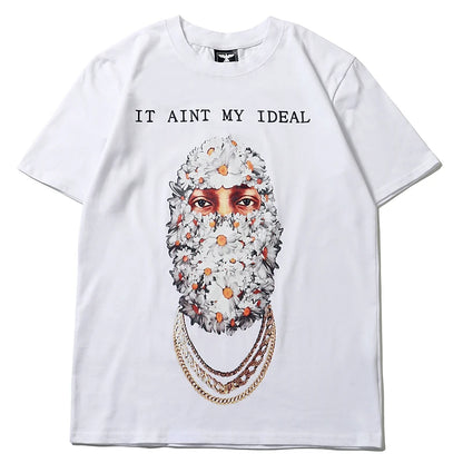 Hip Hop Flower Mask Men Letter Print Casual Short Sleeve Mens Tshirts Crew Neck Oversized Cotton Streetwear Loose Top Tees