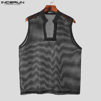 Stylish Hot Sale Tops INCERUN Men's Checkered Hollowed Mesh Stand Neck Vests Summer Leisure Male Thin Sleeveless Tank Tops S-5XL