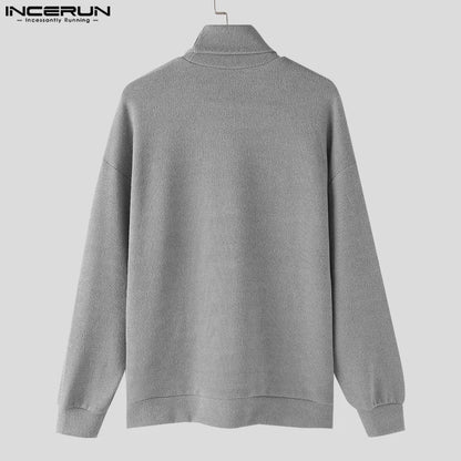 INCERUN Tops 2023 Korean Style Men's Knitted Zipper Design Pullovers Casual Solid All-match High Neck Long Sleeved Sweater S-5XL