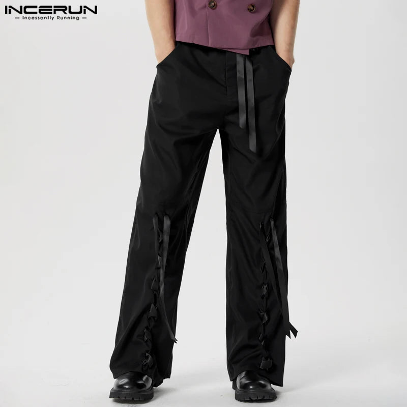 INCERUN 2024 Pantalon de style américain pour hommes, pantalon de conception de cravate de ruban de nœud de personnalité, pantalon décontracté de streetwear à jambe droite S-5XL