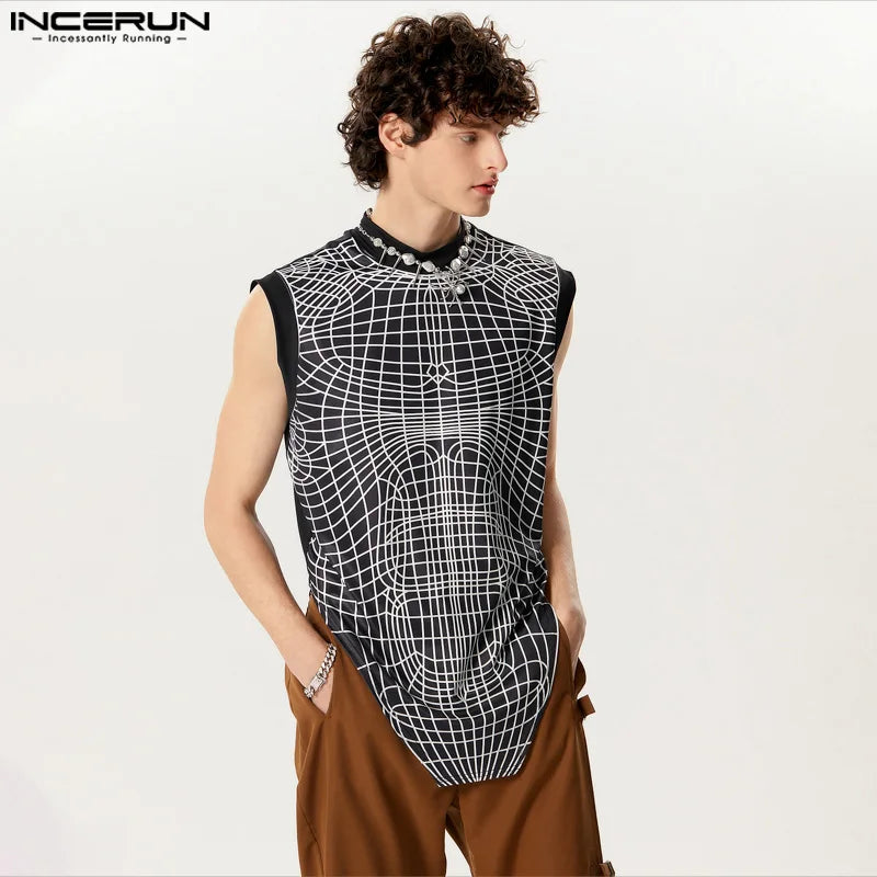 INCERUN Tops 2024 American Style Fashionable New Men Ripple Line Design Vests Casual Fit Patchwork Irregular Hem Tank Tops S-5XL