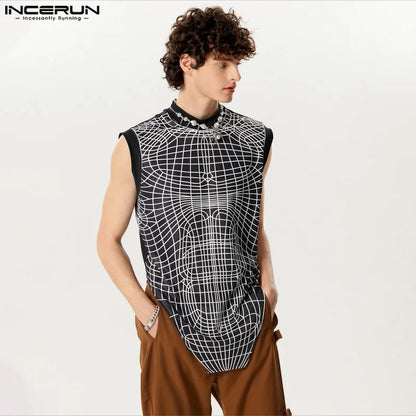 INCERUN Tops 2024 American Style Fashionable New Men Ripple Line Design Vests Casual Fit Patchwork Irregular Hem Tank Tops S-5XL