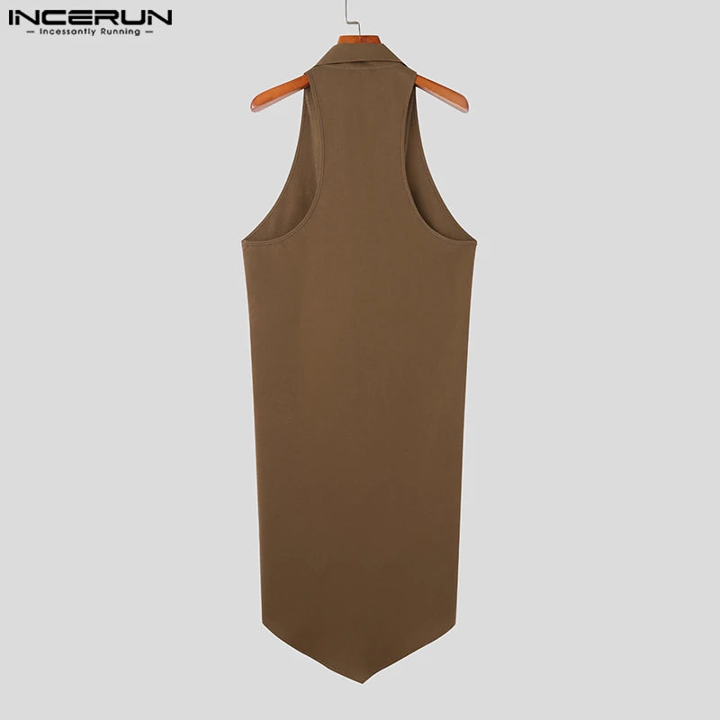 INCERUN Tops 2023 American Style New Men's Irregular Hem Design Vests Casual Street Long-style Solid Sleeveless Suit Vests S-5XL