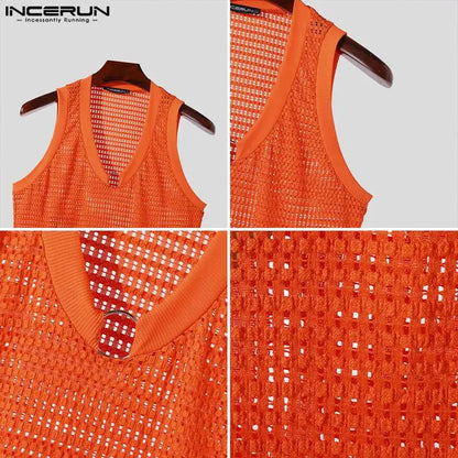 INCERUN Tops 2024 Korean Style Men's Mesh Hollow Metal Decorative Vests Summer Casual Streetwear Hot Sale V-neck Tank Tops S-5XL