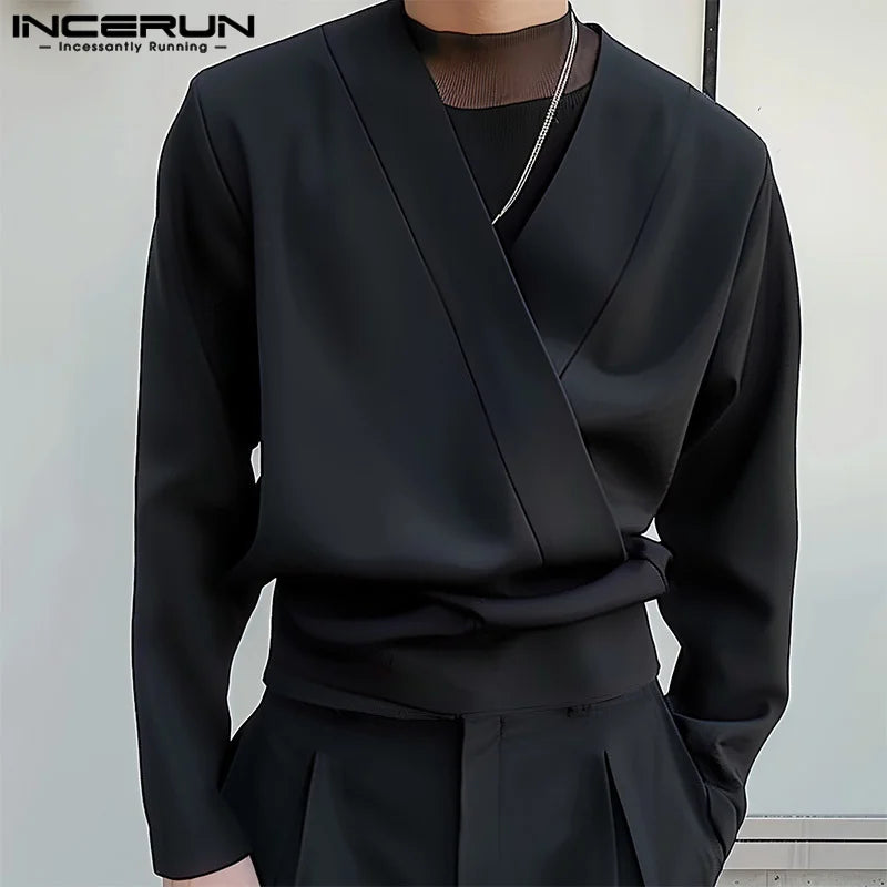 INCERUN Tops 2024 Korean Style Fashion Men Deconstruction Design Shirts Casual Streetwear Solid V-neck Long Sleeved Blouse S-5XL