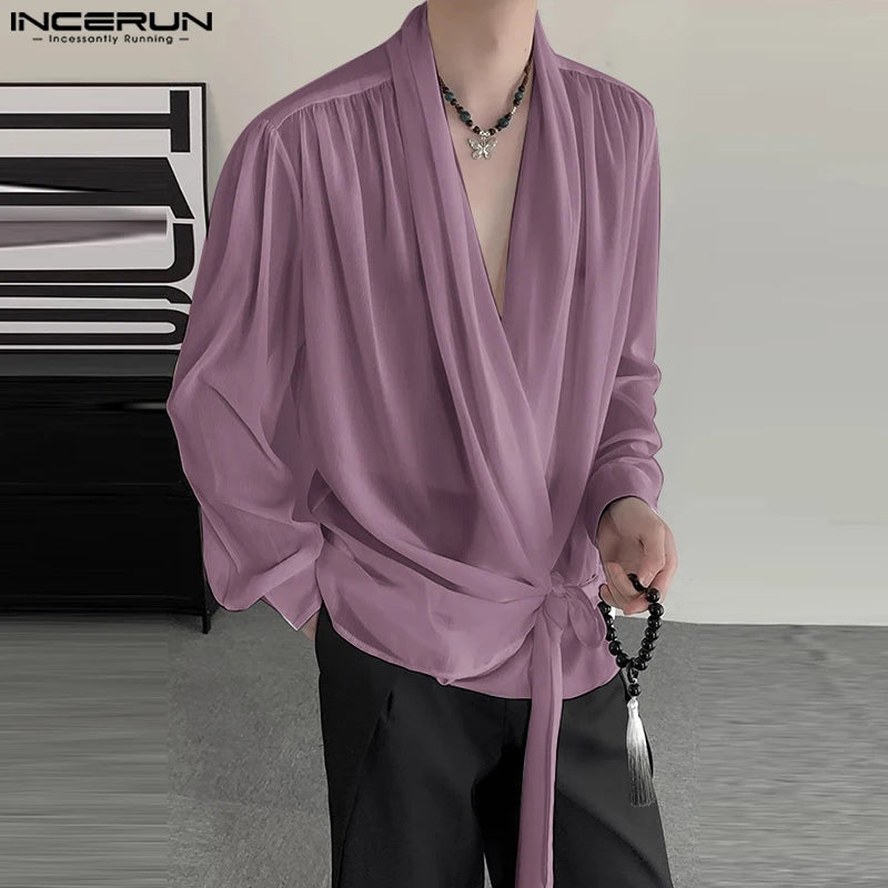 INCERUN Tops 2024 Hommes Printemps Été Nouer En Mousseline De Soie Légèrement Transparent Chemises Décontractées Streetwear Mince Chemisier À Manches Longues S-5XL