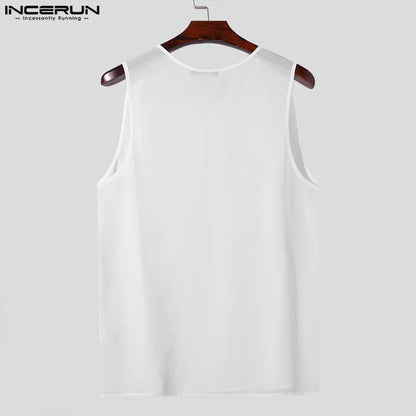 INCERUN Tops 2024 Koreanische Stil Stilvolle männer Einfache Perspektive Westen Freizeit Streetwear Männlichen Oansatz Ärmellose Tank Tops S-5XL