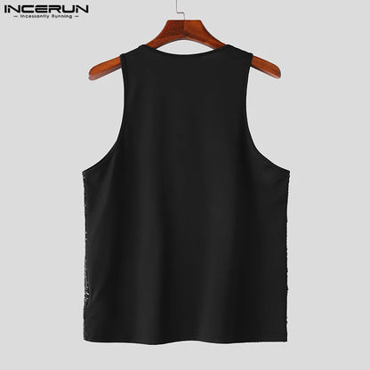 Stylish Hot Sale Tops INCERUN Men Personality Pearl Glitter Design Vests Casual Sport Streetwear Hot Sale O-neck Tank Tops S-5XL