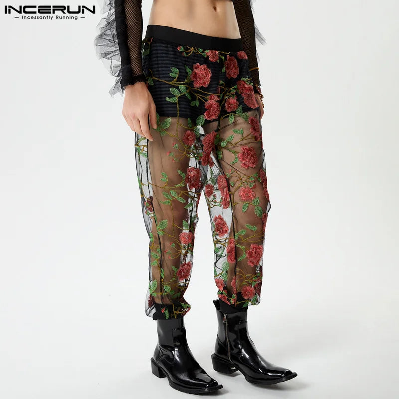 INCERUN 2024 American Style Men's Pantalons Sexy Floral Mesh Perspective Long Pants Stylish Streetwear Male Thin Trousers S-5XL