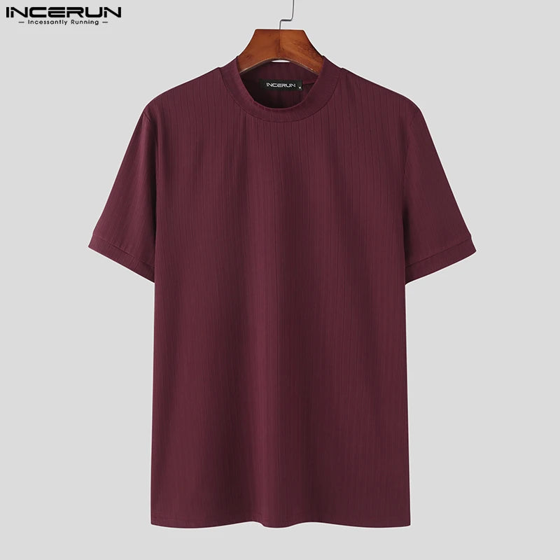 INCERUN Tops 2024 Korean Style New Men's Solid Pit Stripe Knitte T-shirts Fashion Male Solid Elastic Short Sleeve Camiseta S-5XL